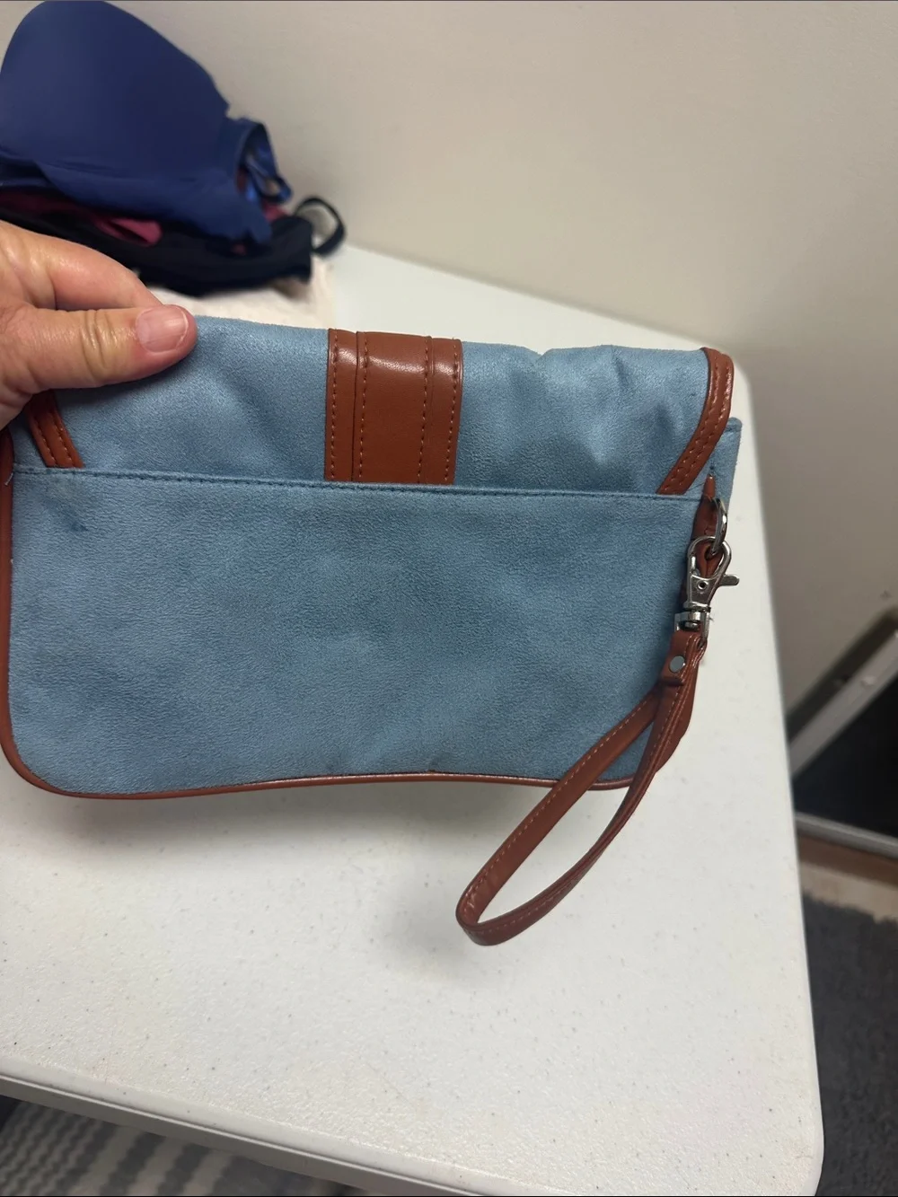Men's Blue and Brown Leather-Trim Clutch